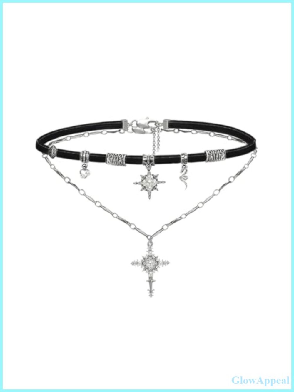 Faux Leather Star Cross Pendant Necklace Double Layer Collar Women's